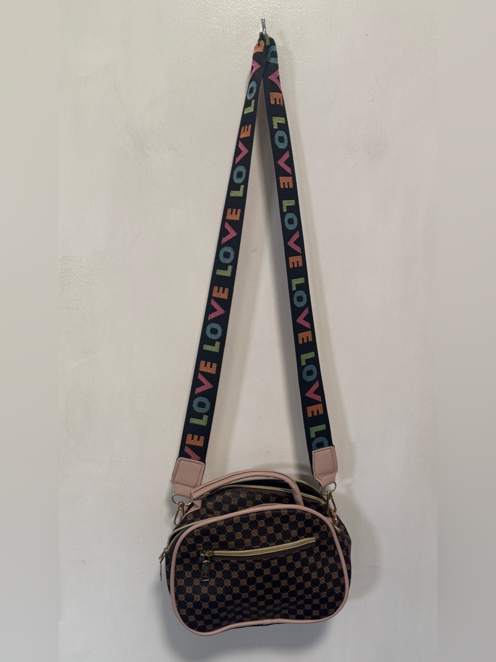 Women’s Brown Pattern Crossbody Bag with Pink Trim and LOVE Strap
